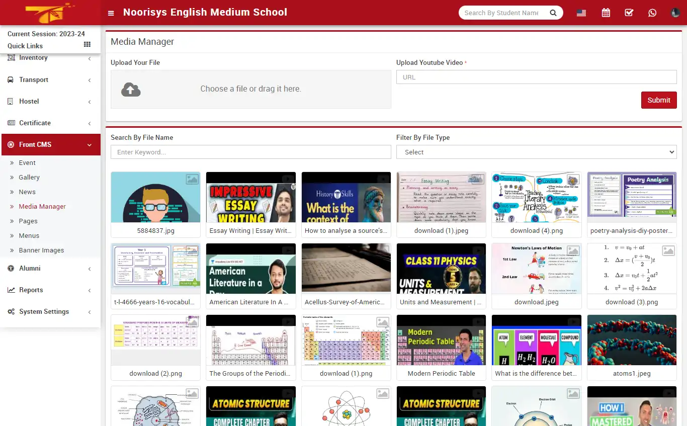 School management — super admin panel — Front CMS