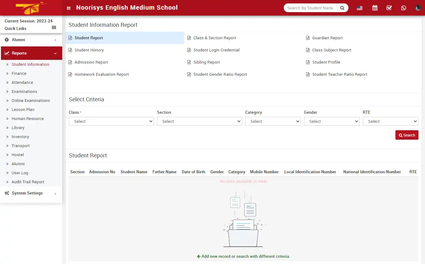 School management — super admin panel — Reports Student Information