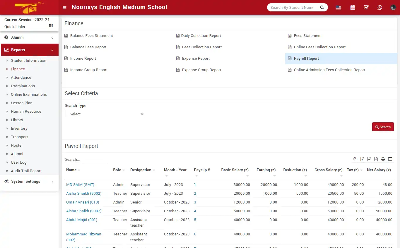 School management — super admin panel — Reports Finance
