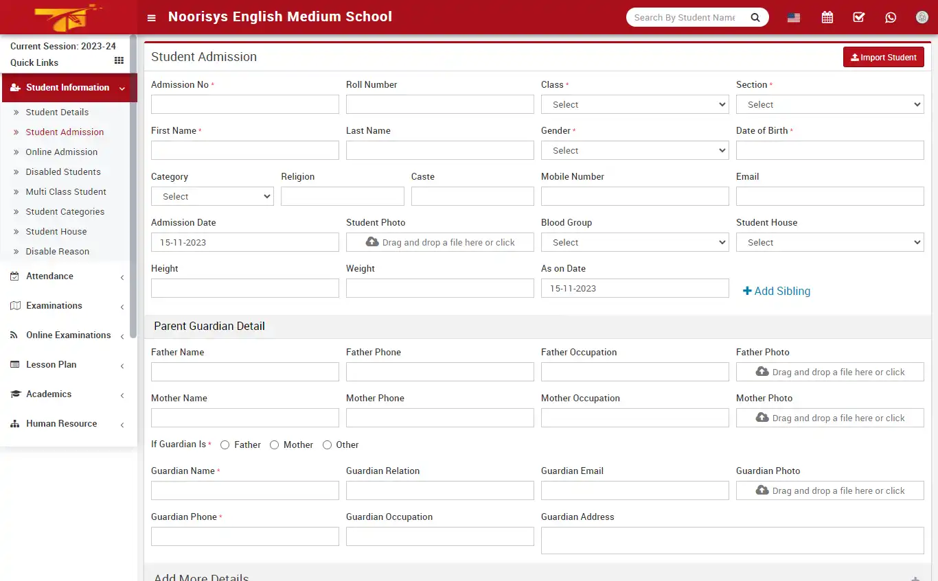 School management — teacher panel — Student Information