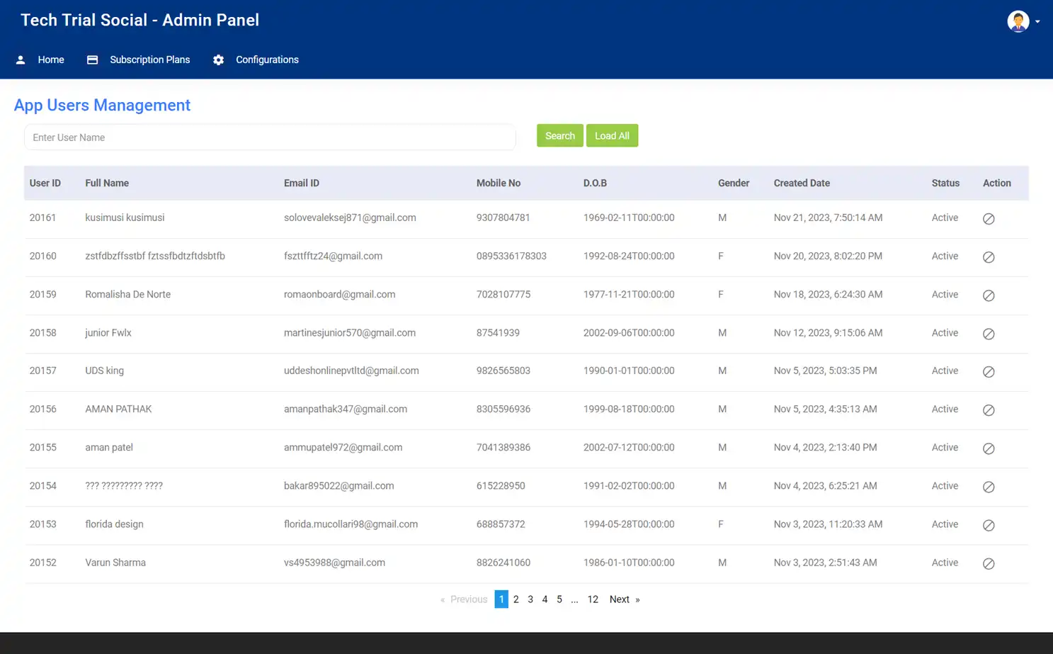Social platform — admin panel — User List