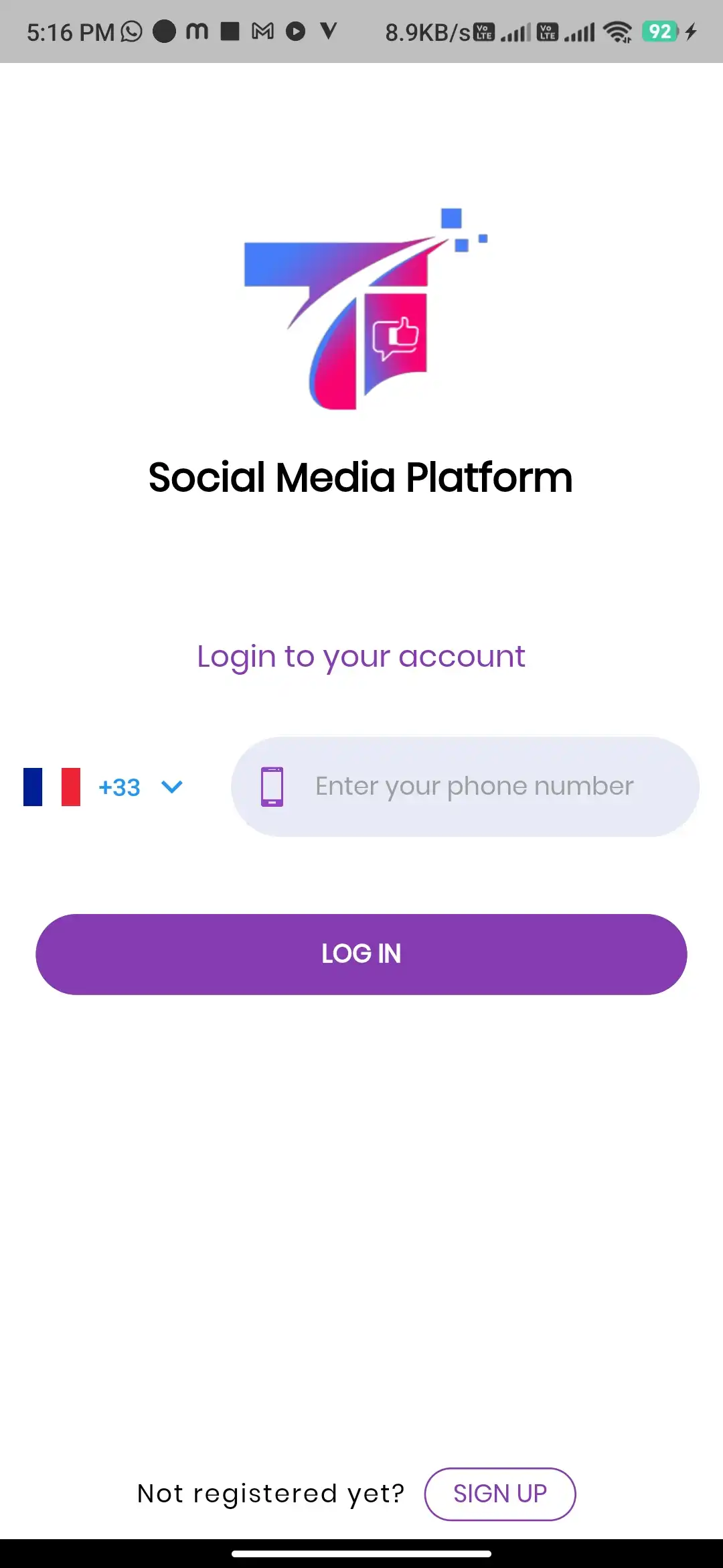 Social platform — user app — Login