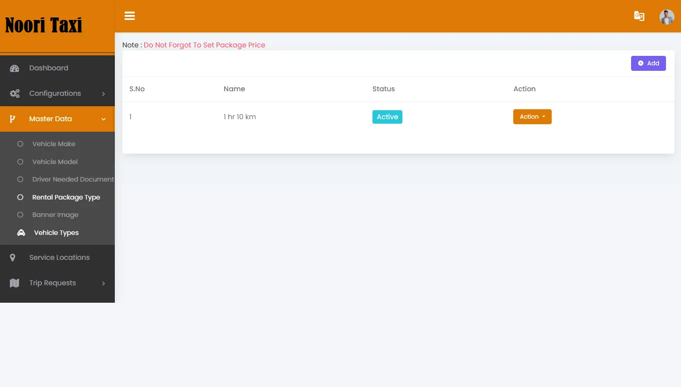 Taxi App — Admin Panel — Rental Package