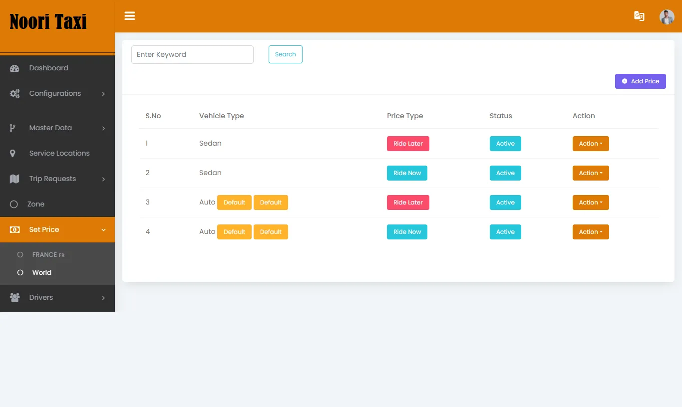Taxi App — Admin Panel — Set Price - World