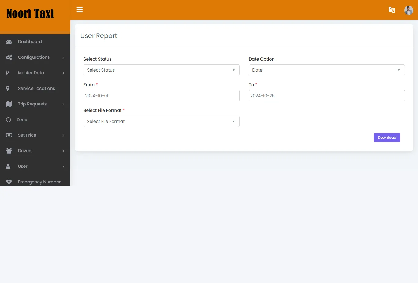 Taxi App — Admin Panel — User Report