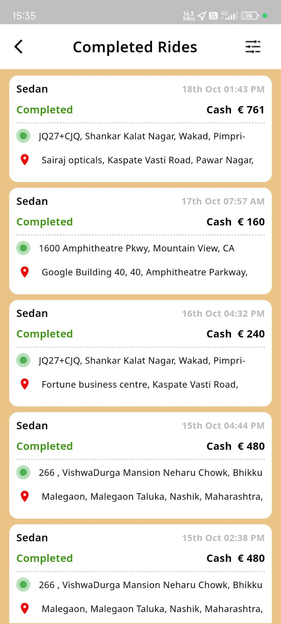 Taxi App — User App — Completed Rides