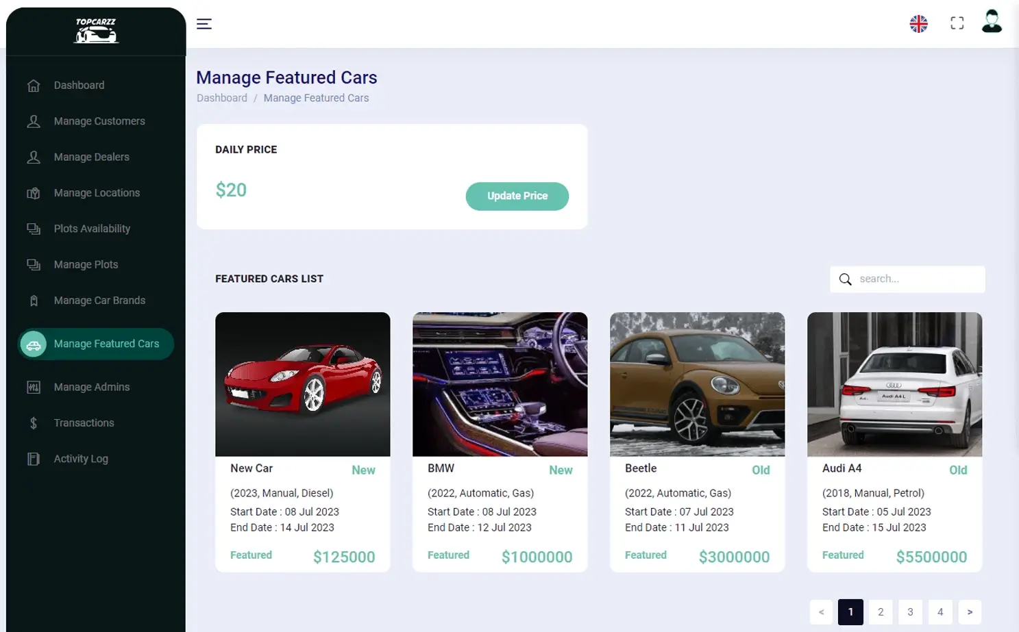 Car Space Rental Platform web — Manage Featured Cars