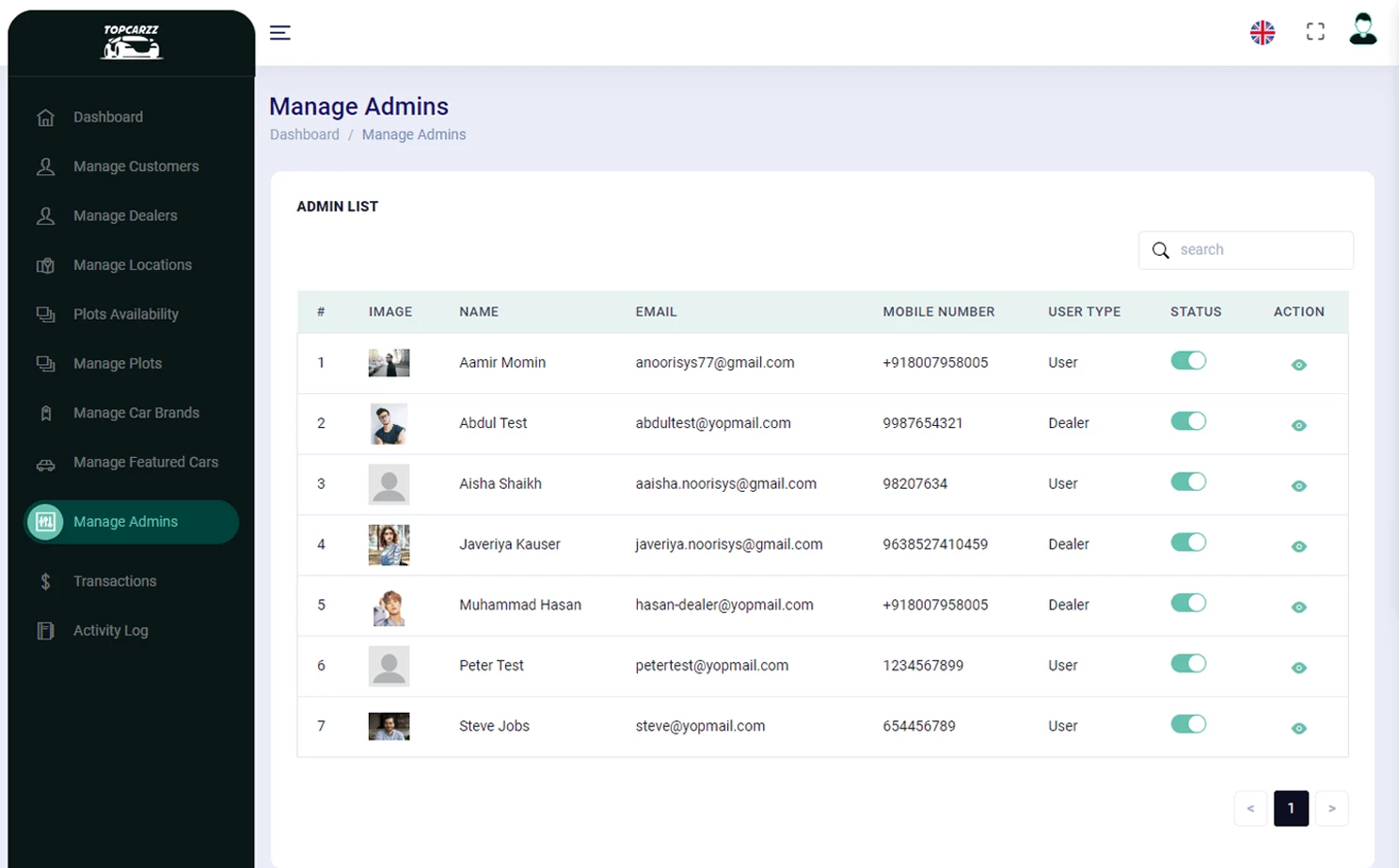 Car Space Rental Platform web — Manage Admins