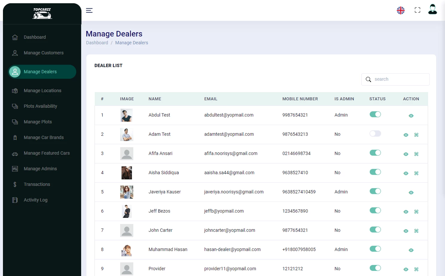Car Space Rental Platform web — Manage Dealers