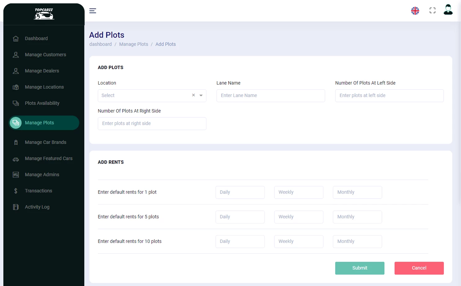 Car Space Rental Platform web — Add Plots