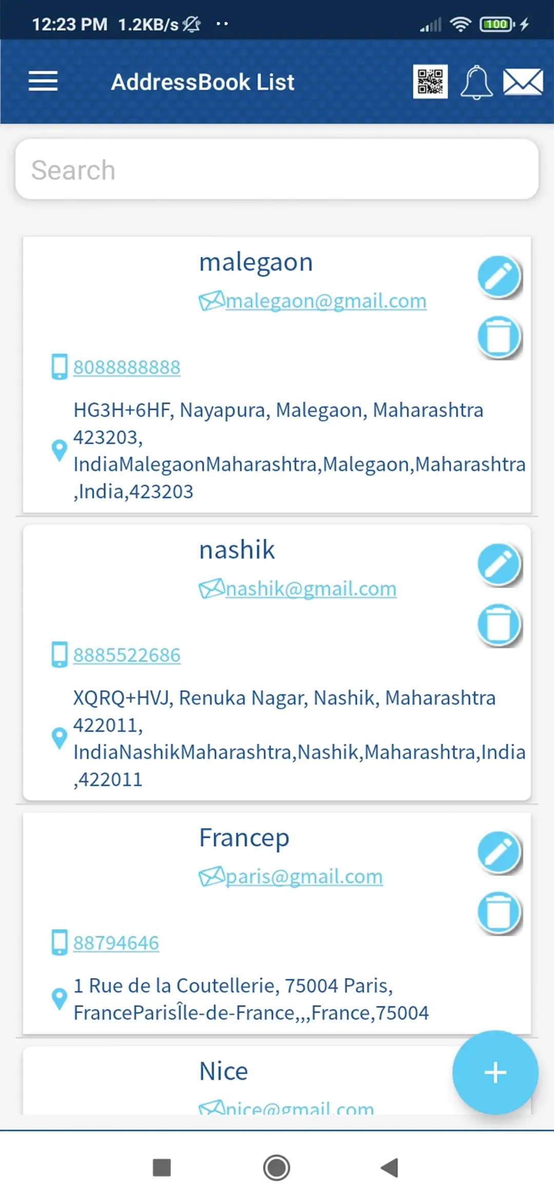 Courier and transport — user — Address Book list