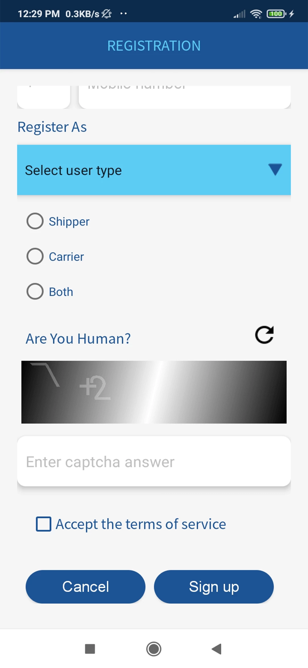 Courier and transport — user — Register As
