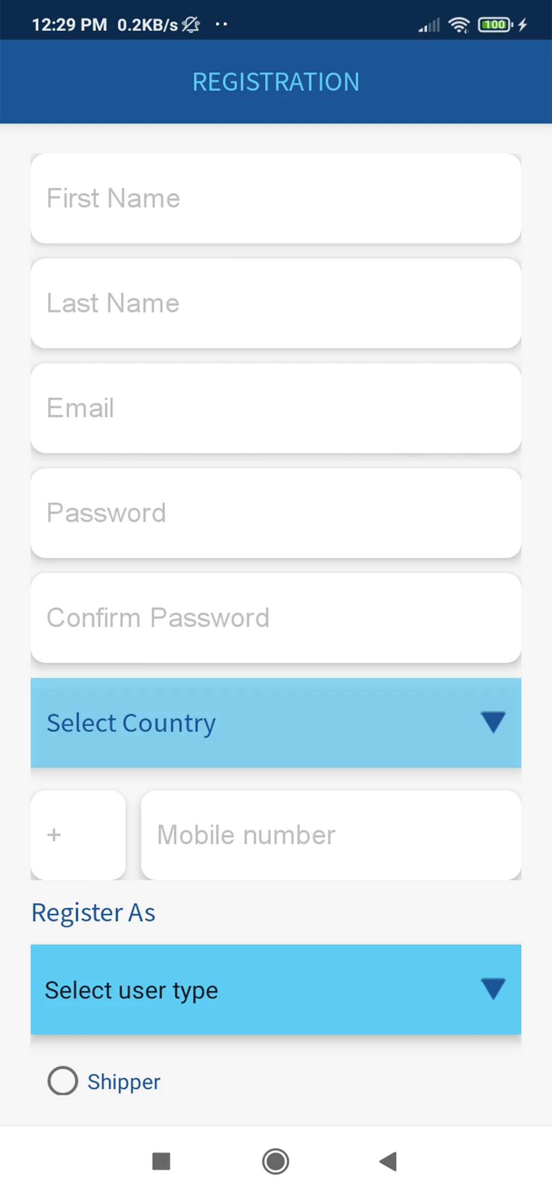 Courier and transport — user — Registration