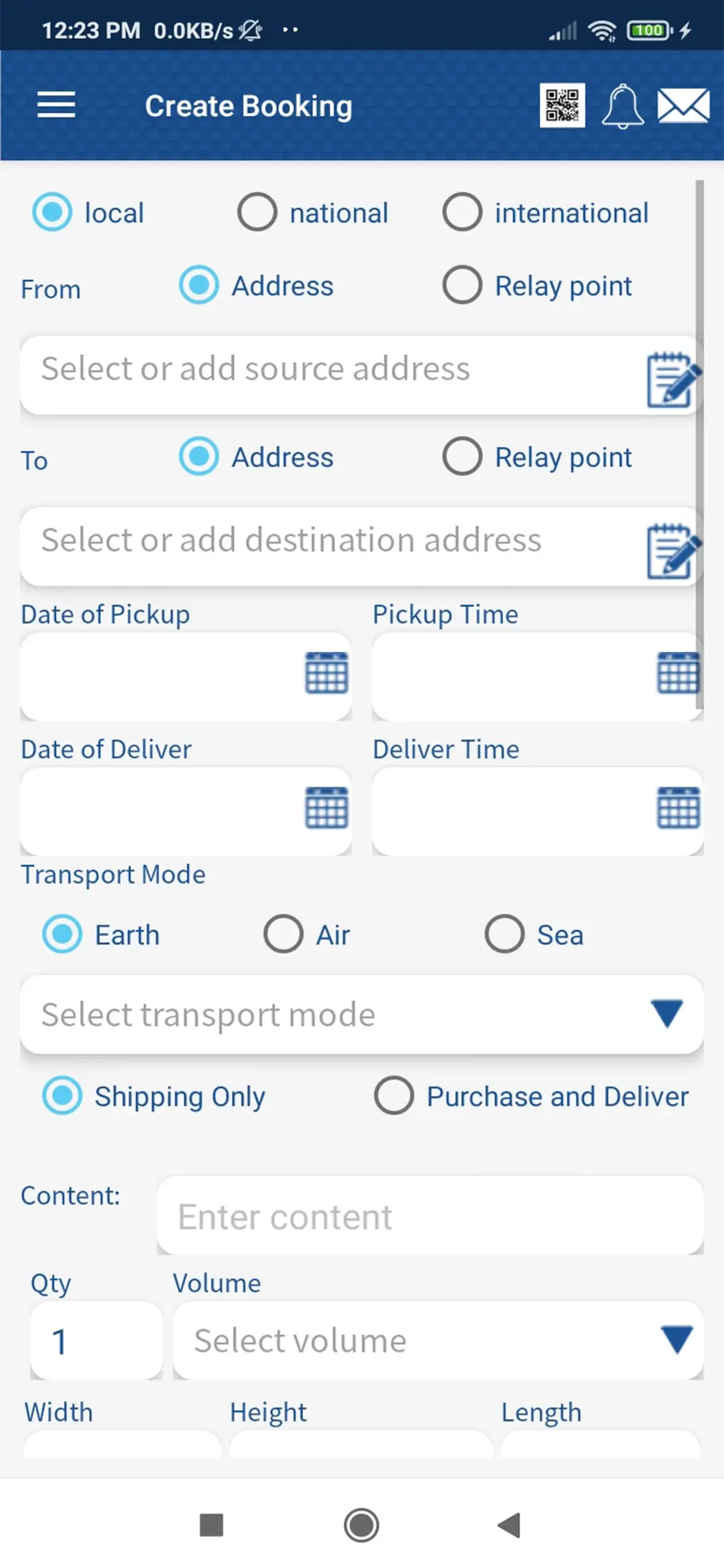 Courier and transport — user — Create Booking