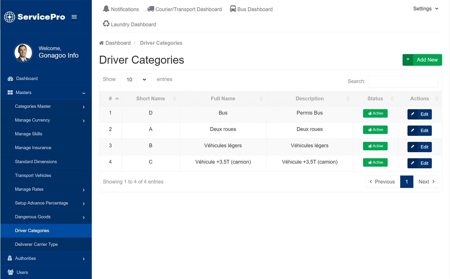 Courier and transport — admin — Settings