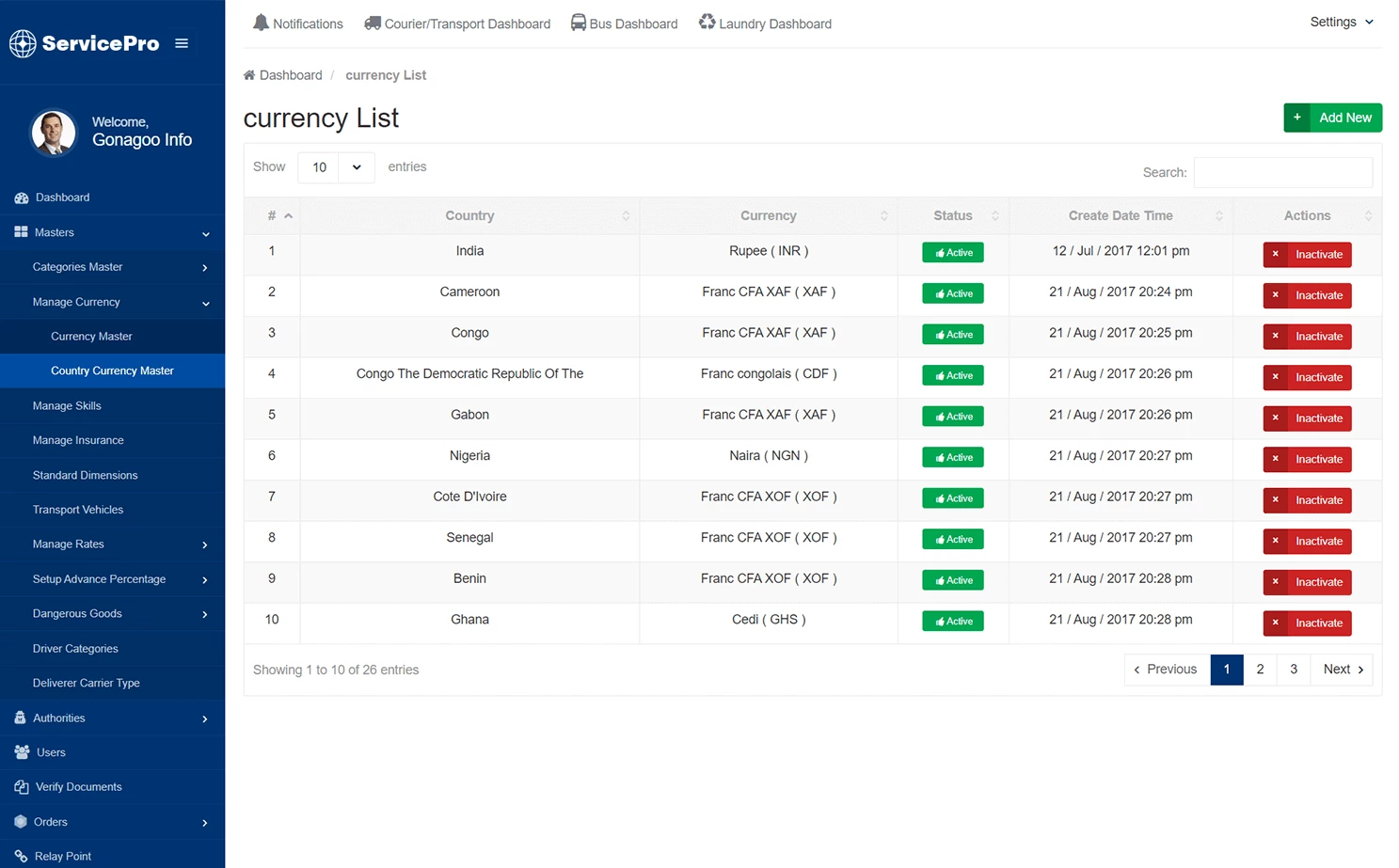 Courier and transport — admin — Currency List