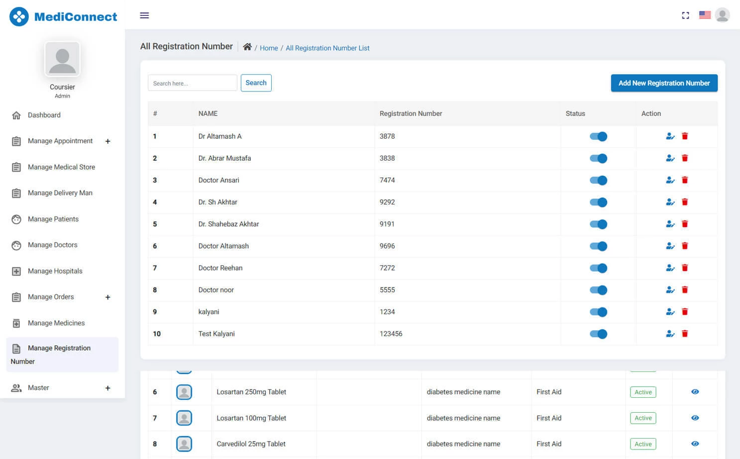 Doctor Appointment and Online Pharmacy admin — Manage Registration Numbers