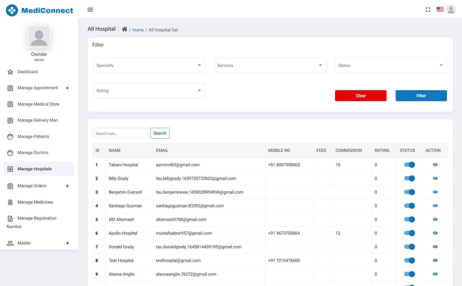 Doctor Appointment and Online Pharmacy admin — Manage Hospitals