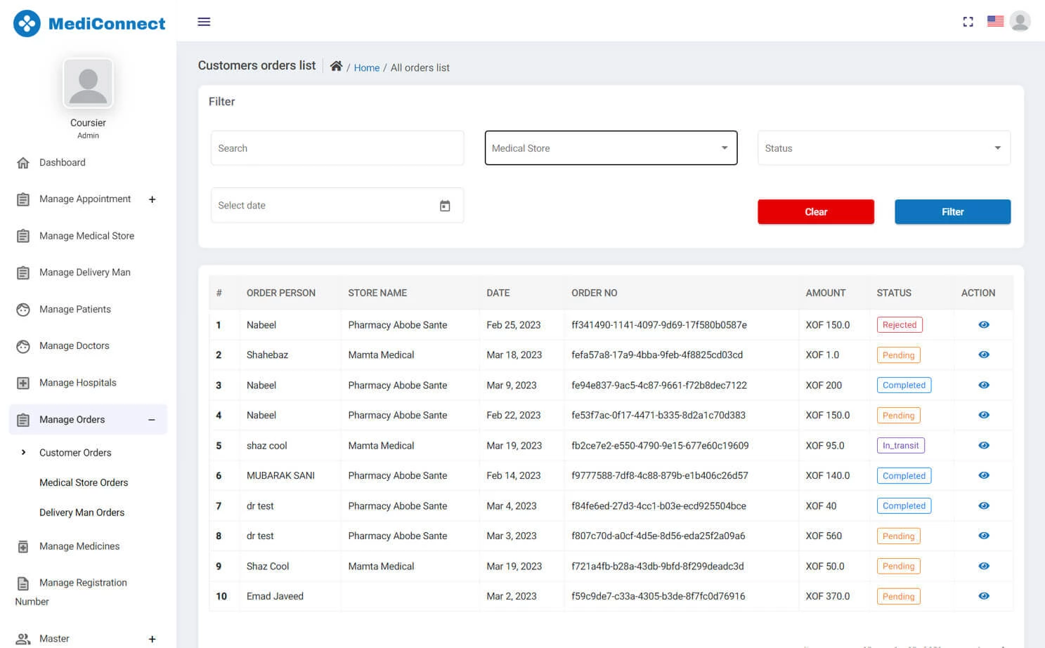 Doctor Appointment and Online Pharmacy admin — Manage Customers Order