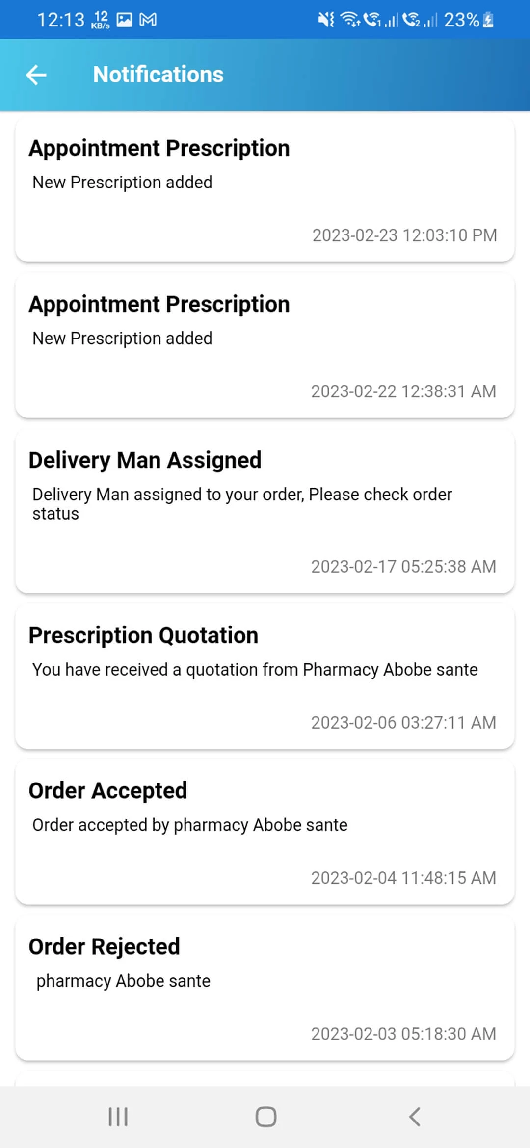 Doctor Appointment and Online Pharmacy user — Notifications