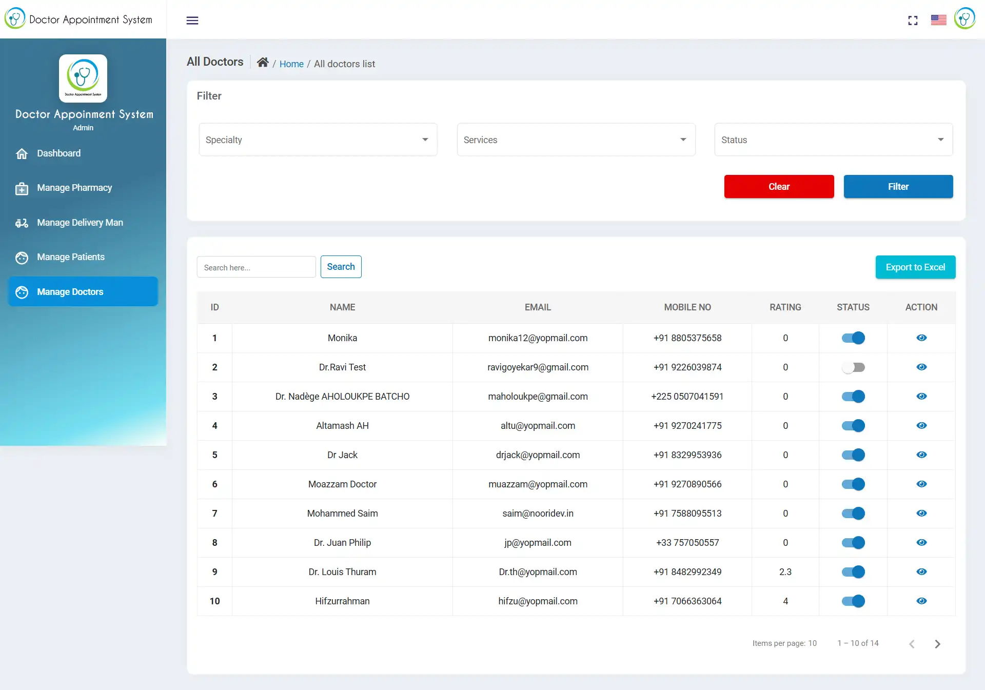 Doctor Appointment System with AI — admin — Manage Doctors