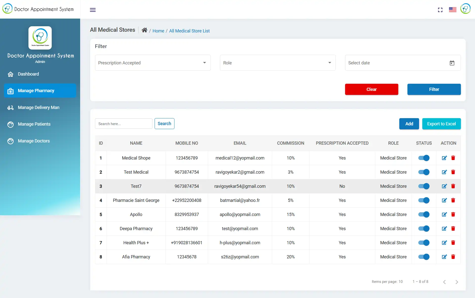 Doctor Appointment System with AI — admin — Manage Medical Stores