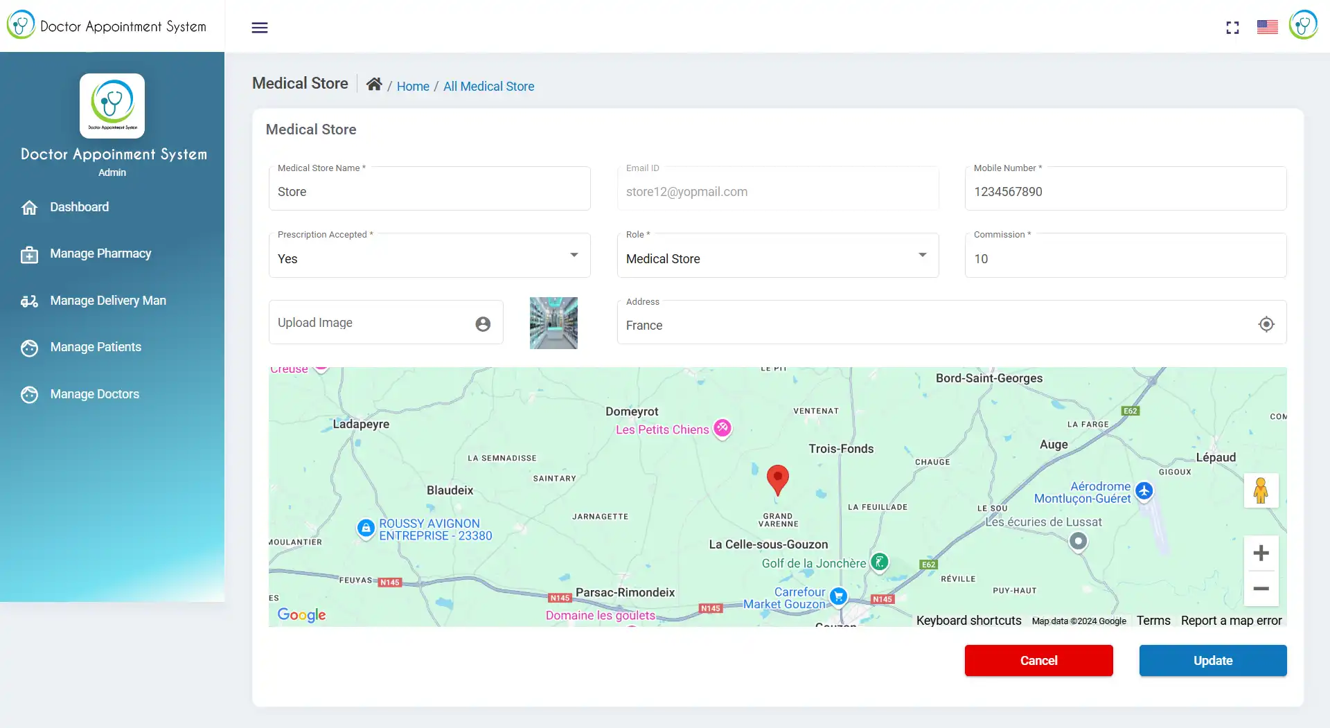 Doctor Appointment System with AI — admin — Update Medical Store