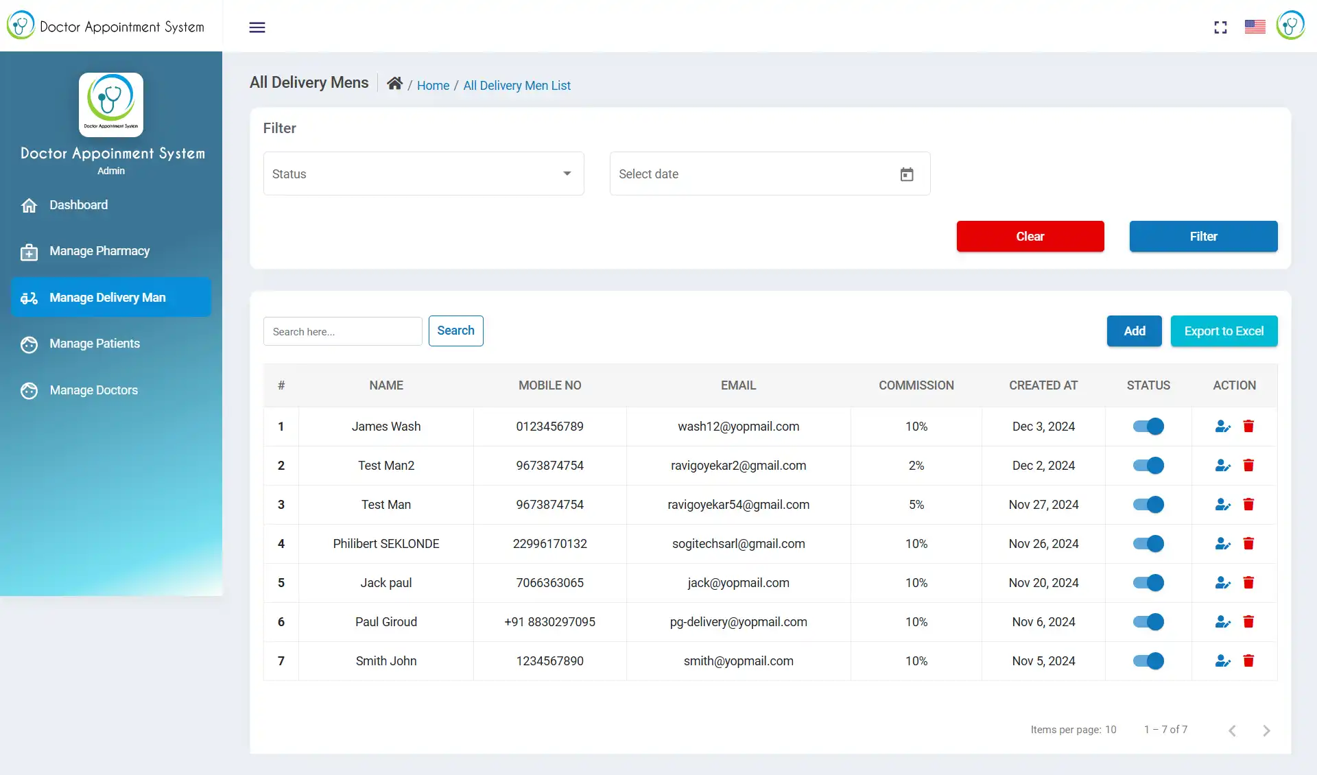 Doctor Appointment System with AI — admin — Manage Delivery Man