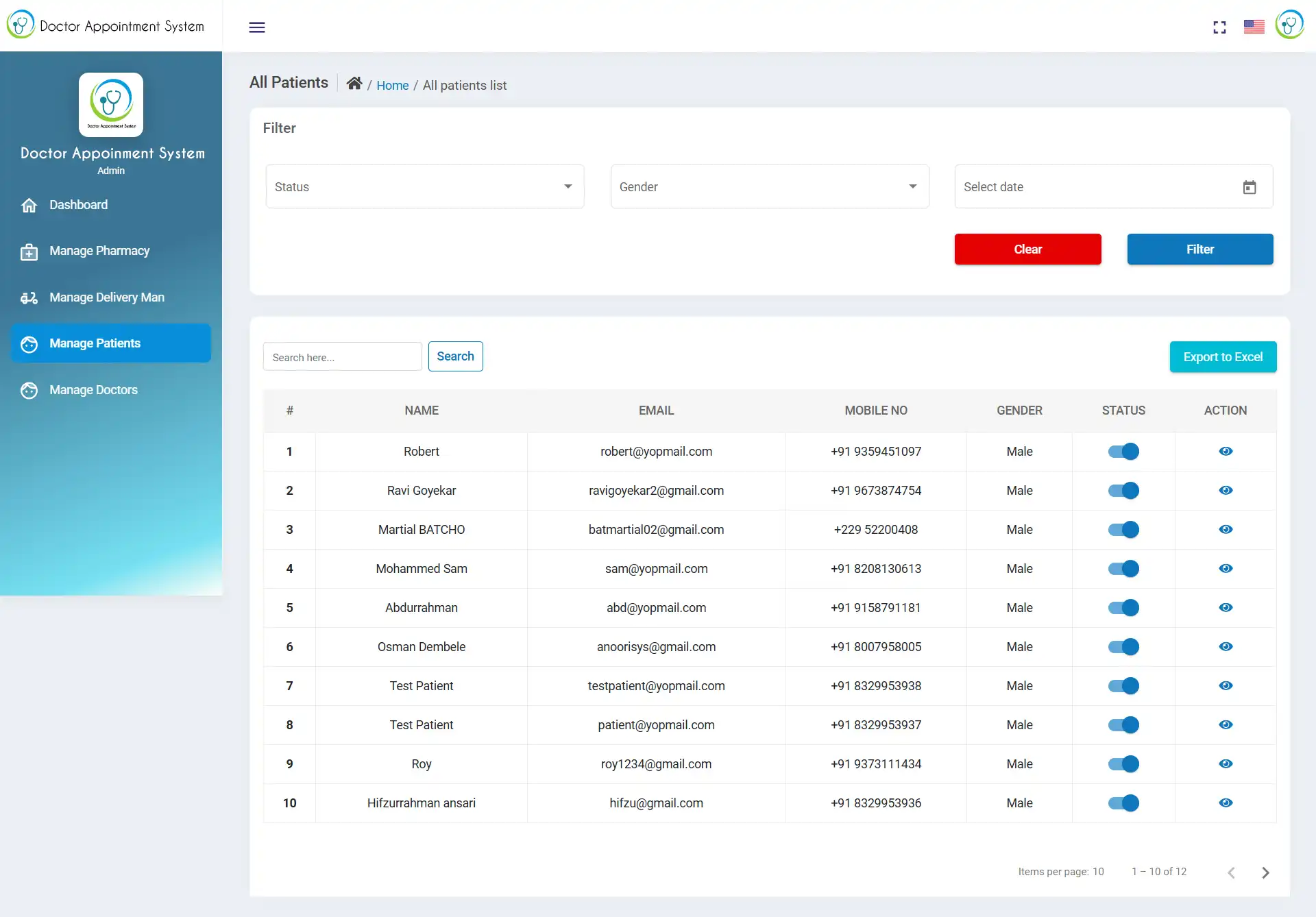 Doctor Appointment System with AI — admin — Manage Patients