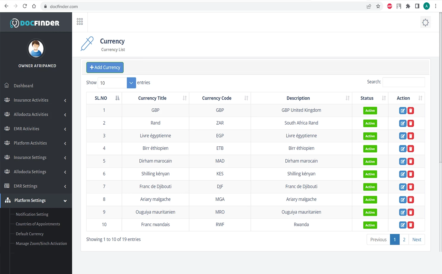 Docfinder admin — Platform Settings