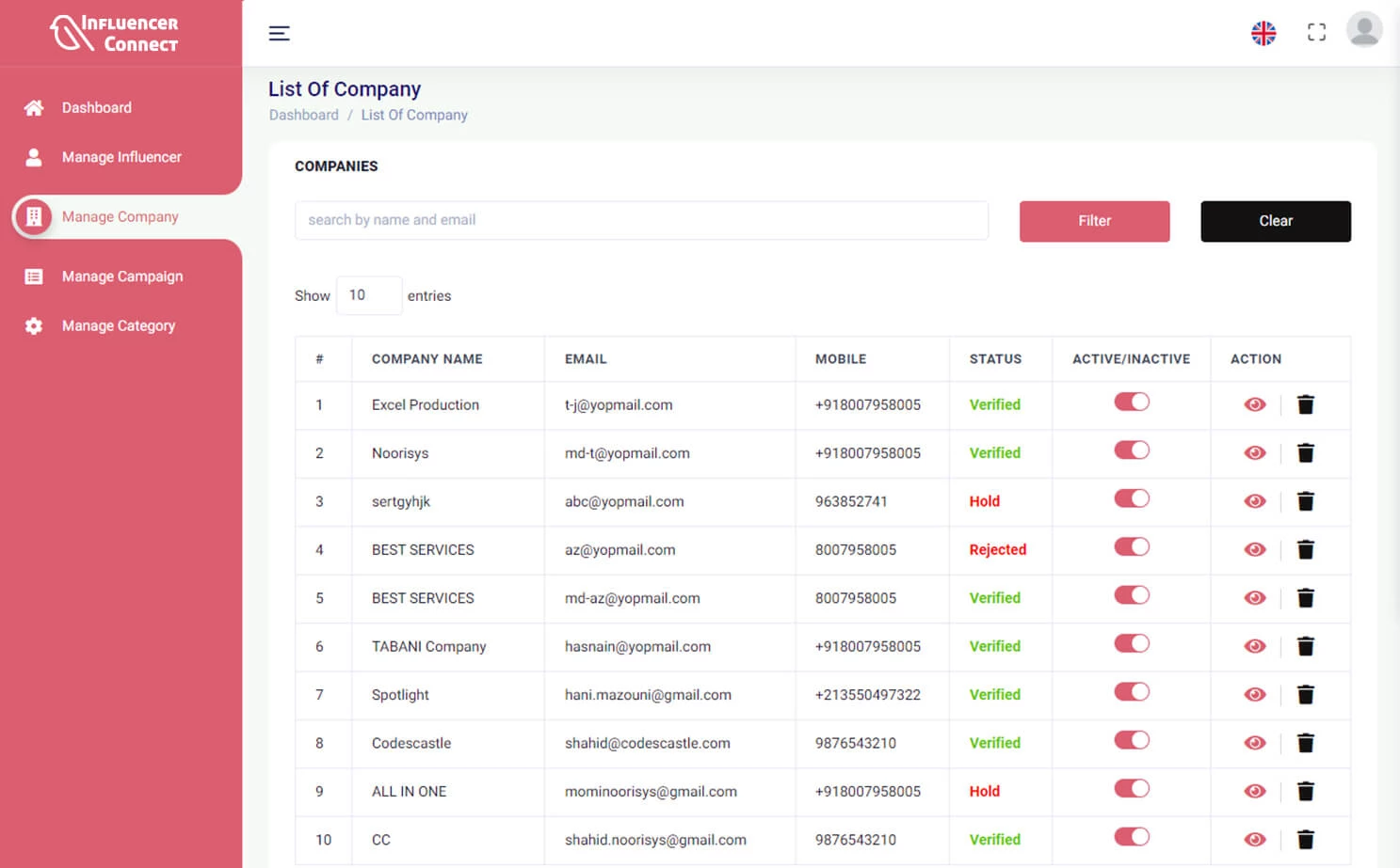 Influencer Marketplace — admin — List Of Company