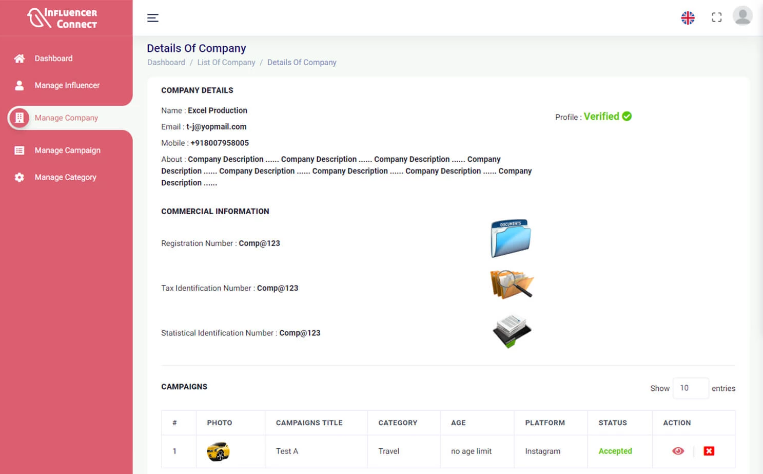 Influencer Marketplace — admin — Details Of Company