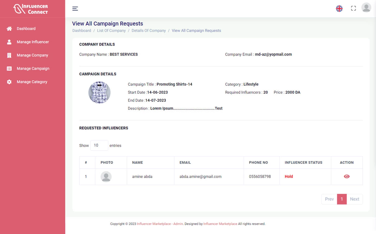 Influencer Marketplace — admin — View Campaign Requests