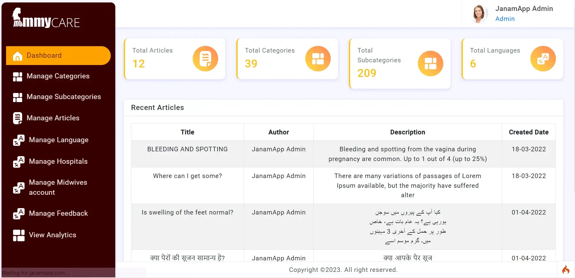 Pregnancy Management App admin — Dashboard