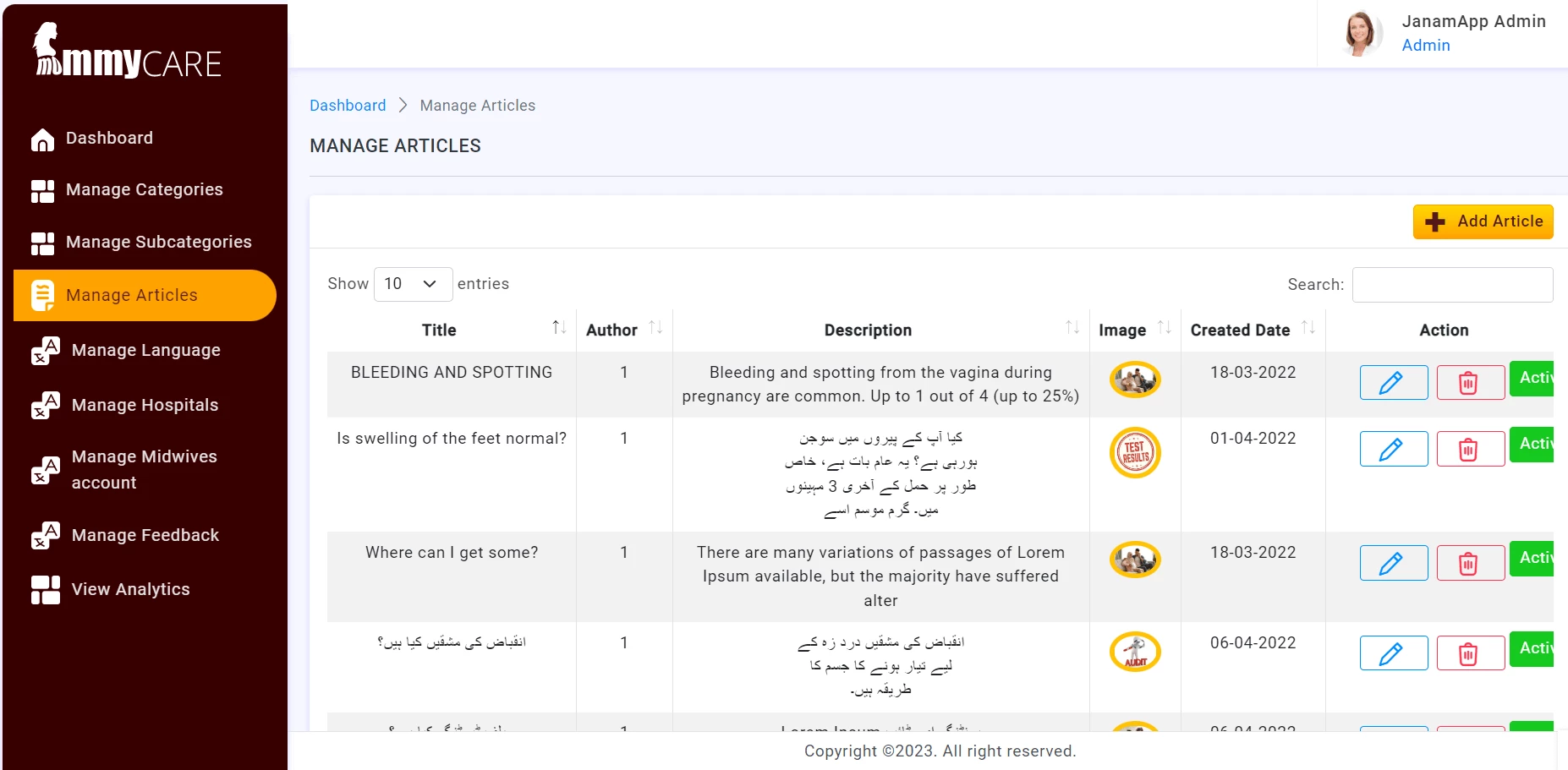 Pregnancy Management App admin — Manage Articles