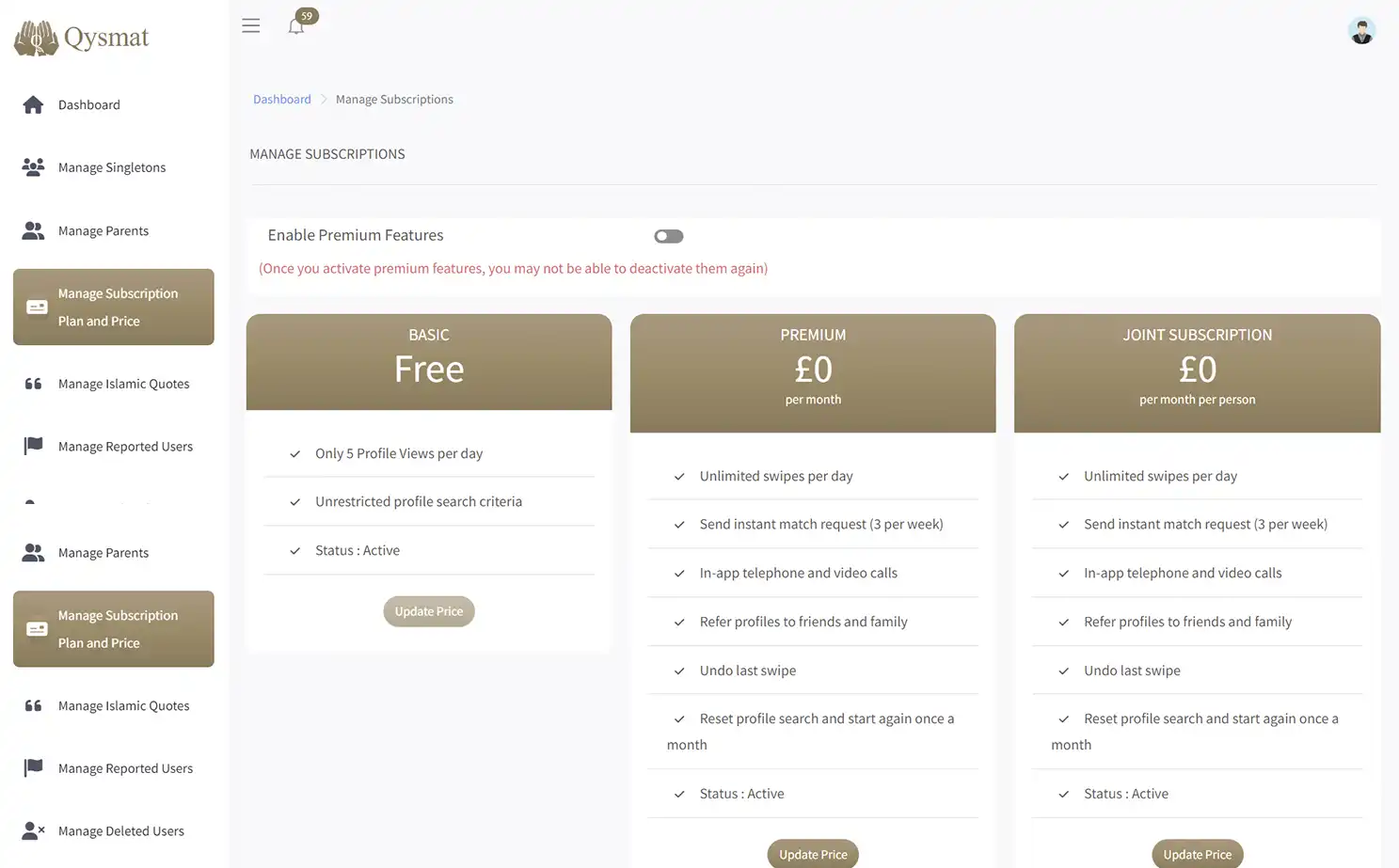 Match Making Application web — Manage Subscription