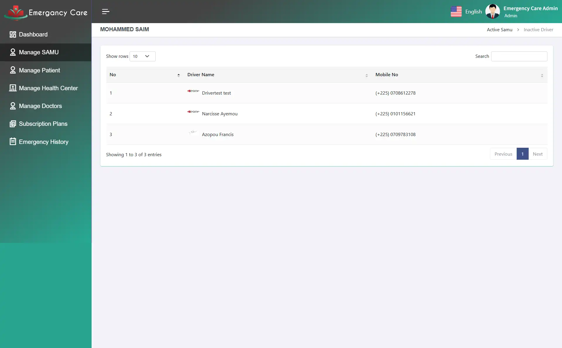 Admin App — InActive Drivers