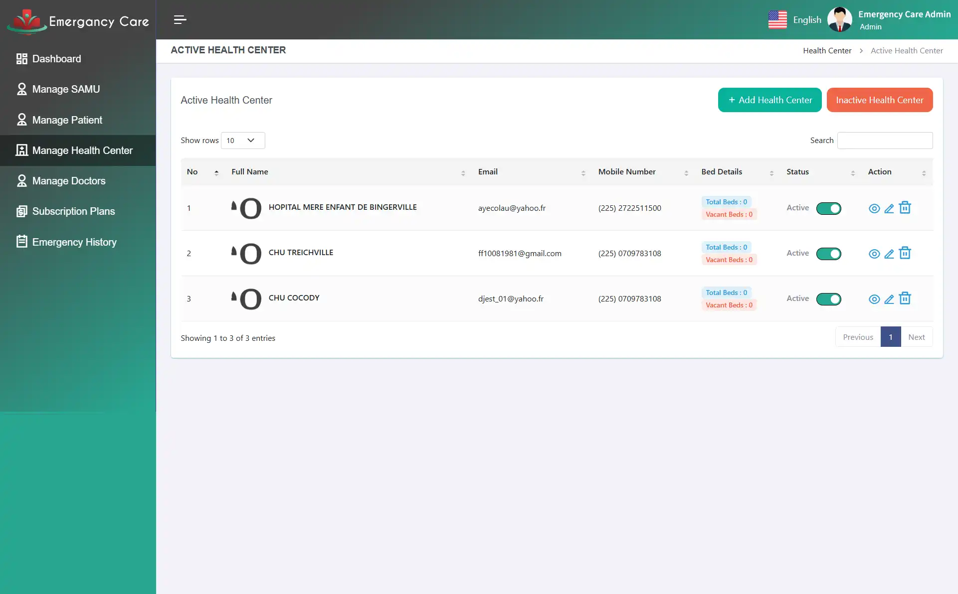 Admin App — Manage Health Center