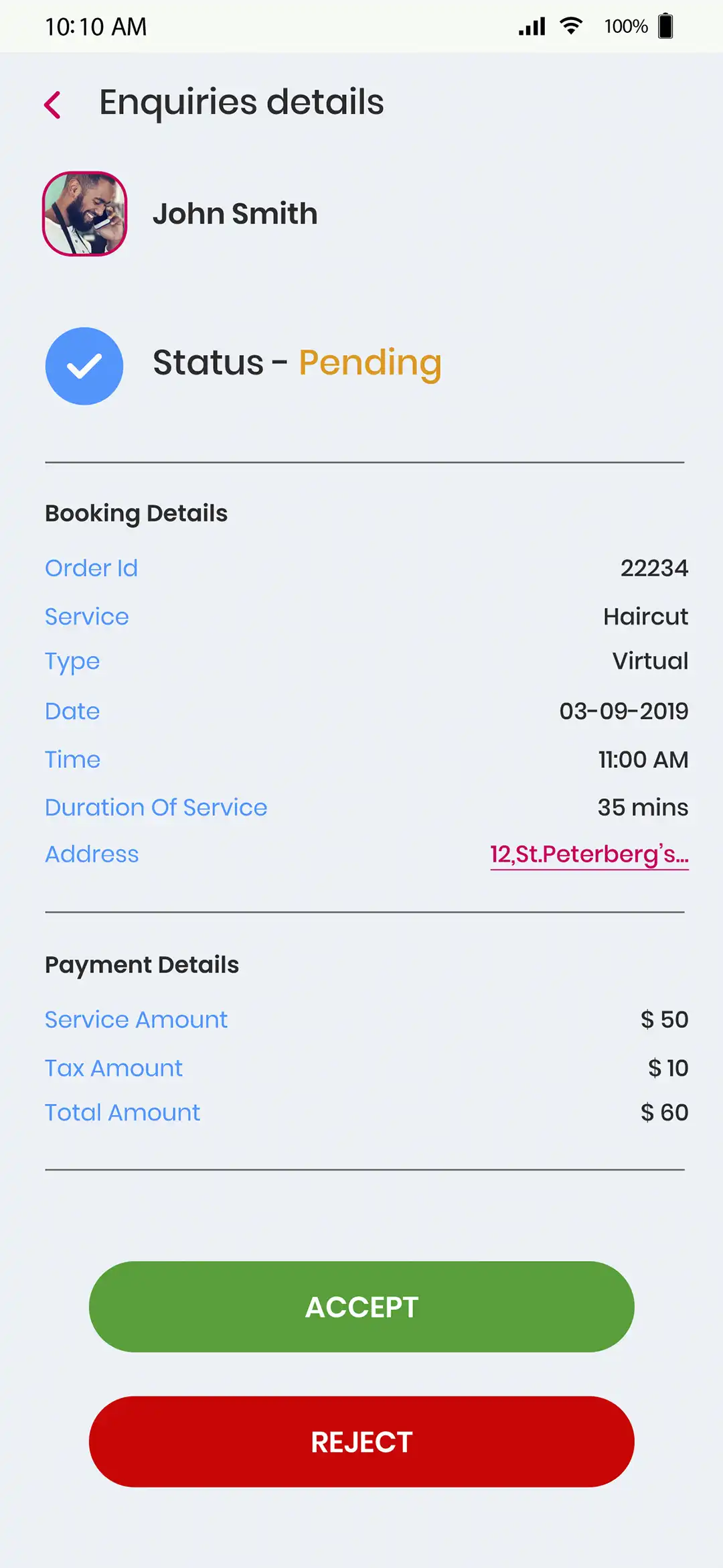 Market Place — service provider — Booking Accept Reject