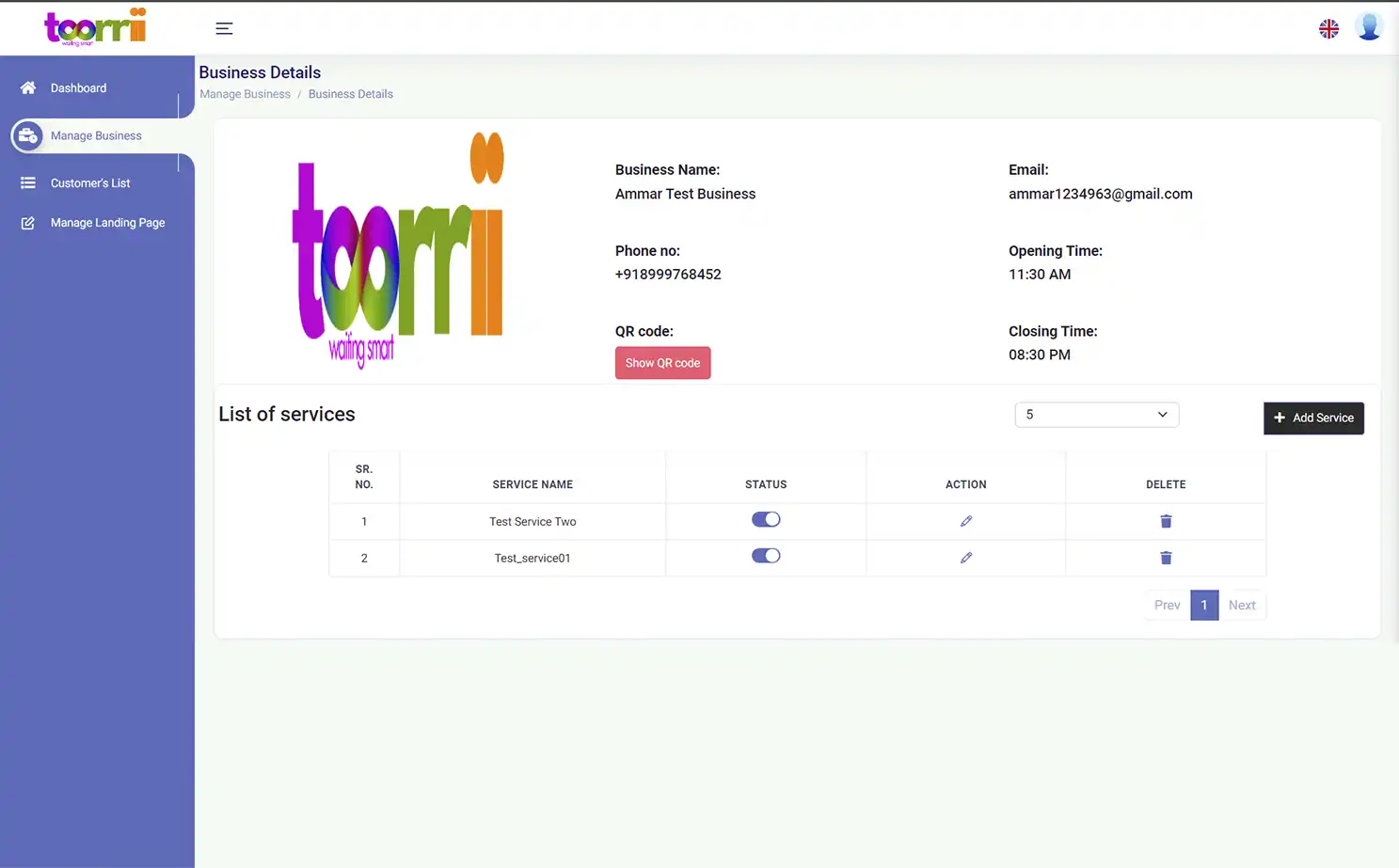 Queue Management admin — Business Details