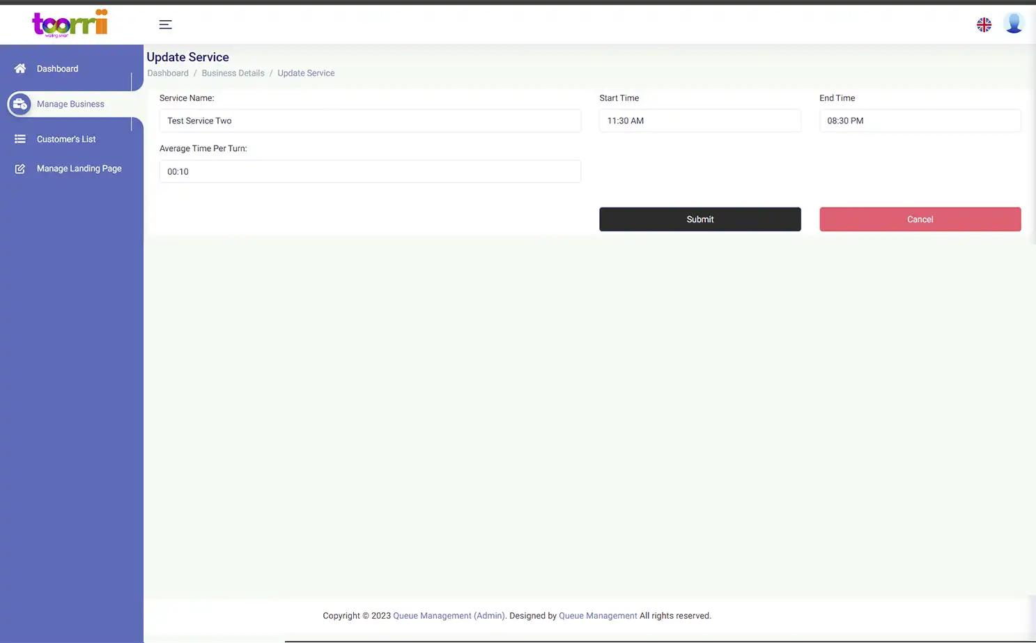 Queue Management admin — Update Service