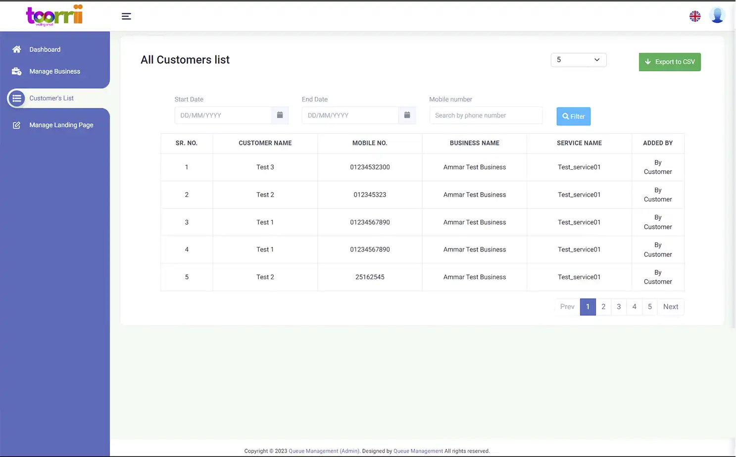 Queue Management admin — All Customer List