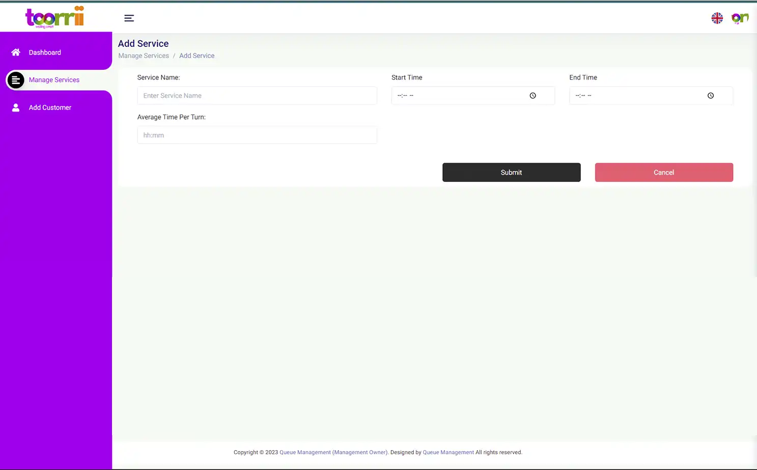 Queue Management business owner — Add Service