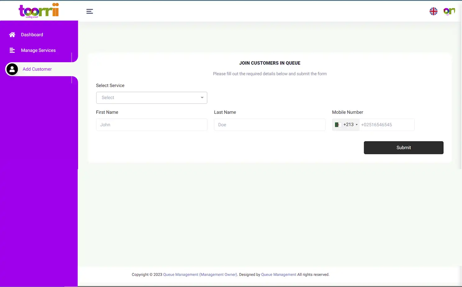 Queue Management business owner — Add Customer