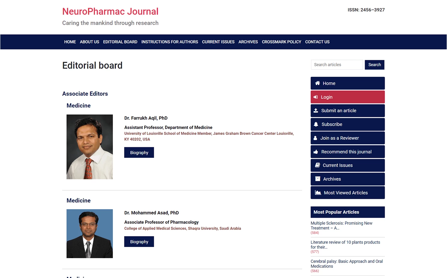 Researcher Personal Presentation website — Editorial Board