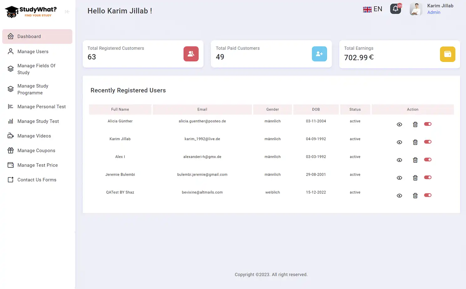 Study Matching Platform web — Dashboard