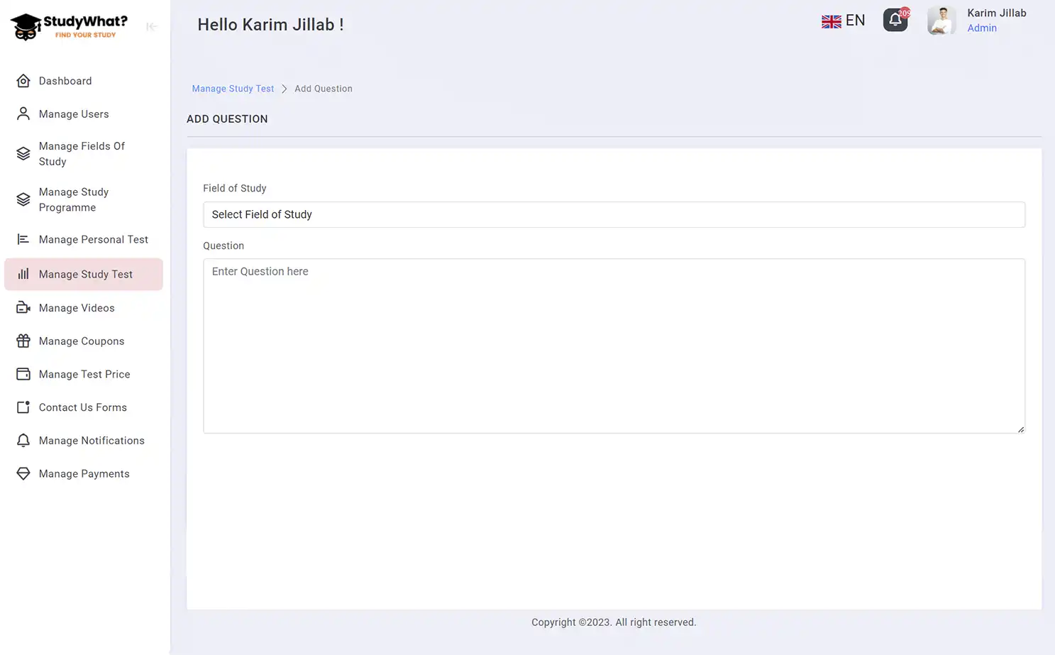 Study Matching Platform web — Manage Study Test