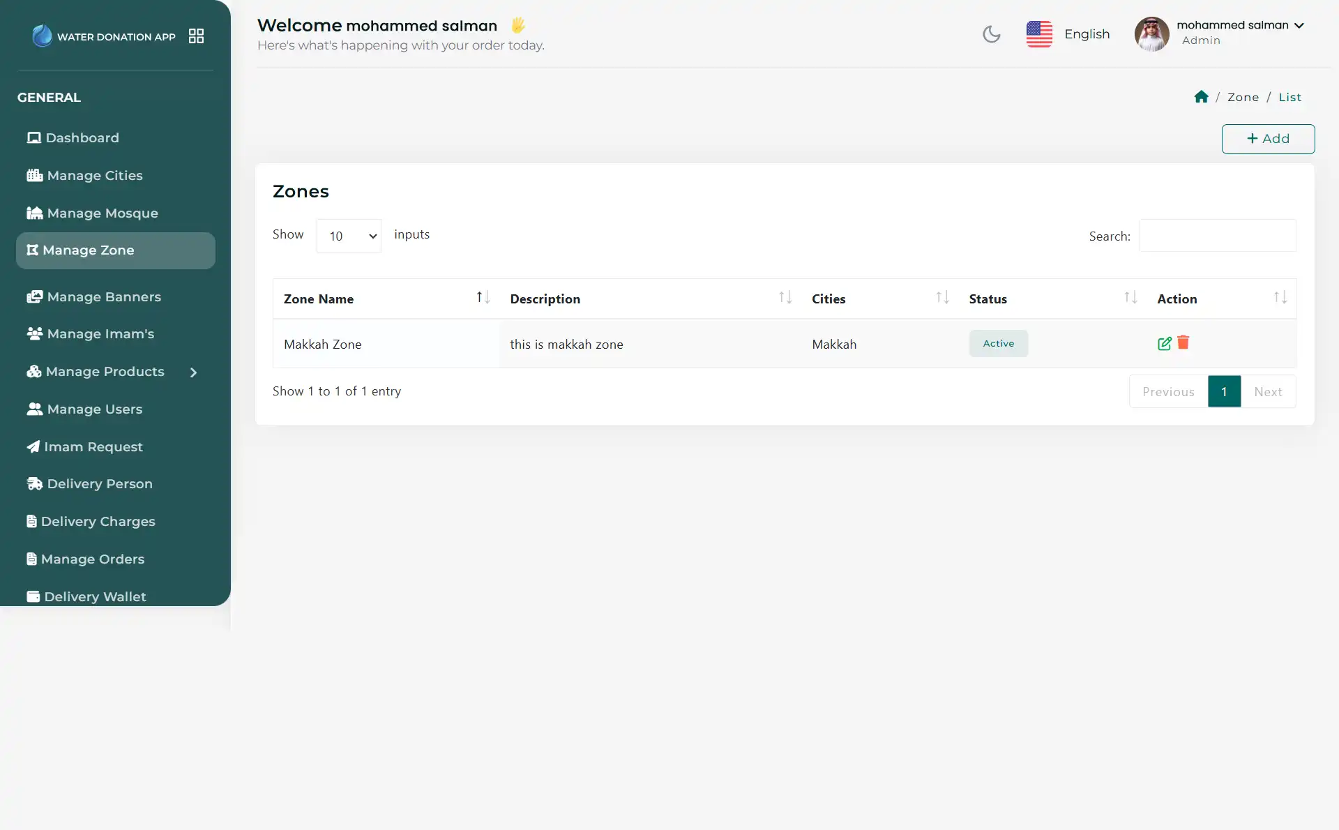 Water Donation admin panel - Manage Zone