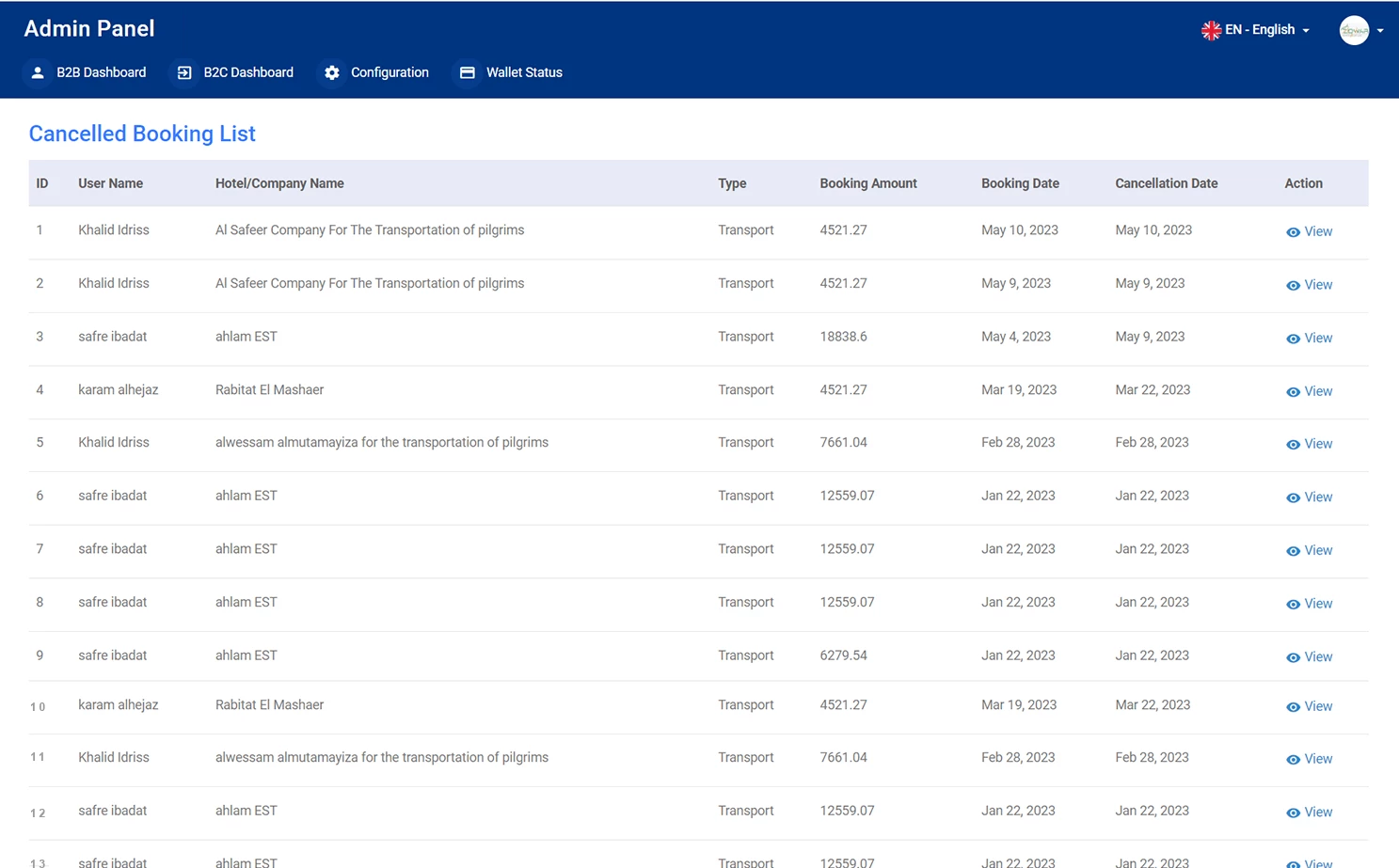 Umrah visa processing system web — Cancelled Booking List