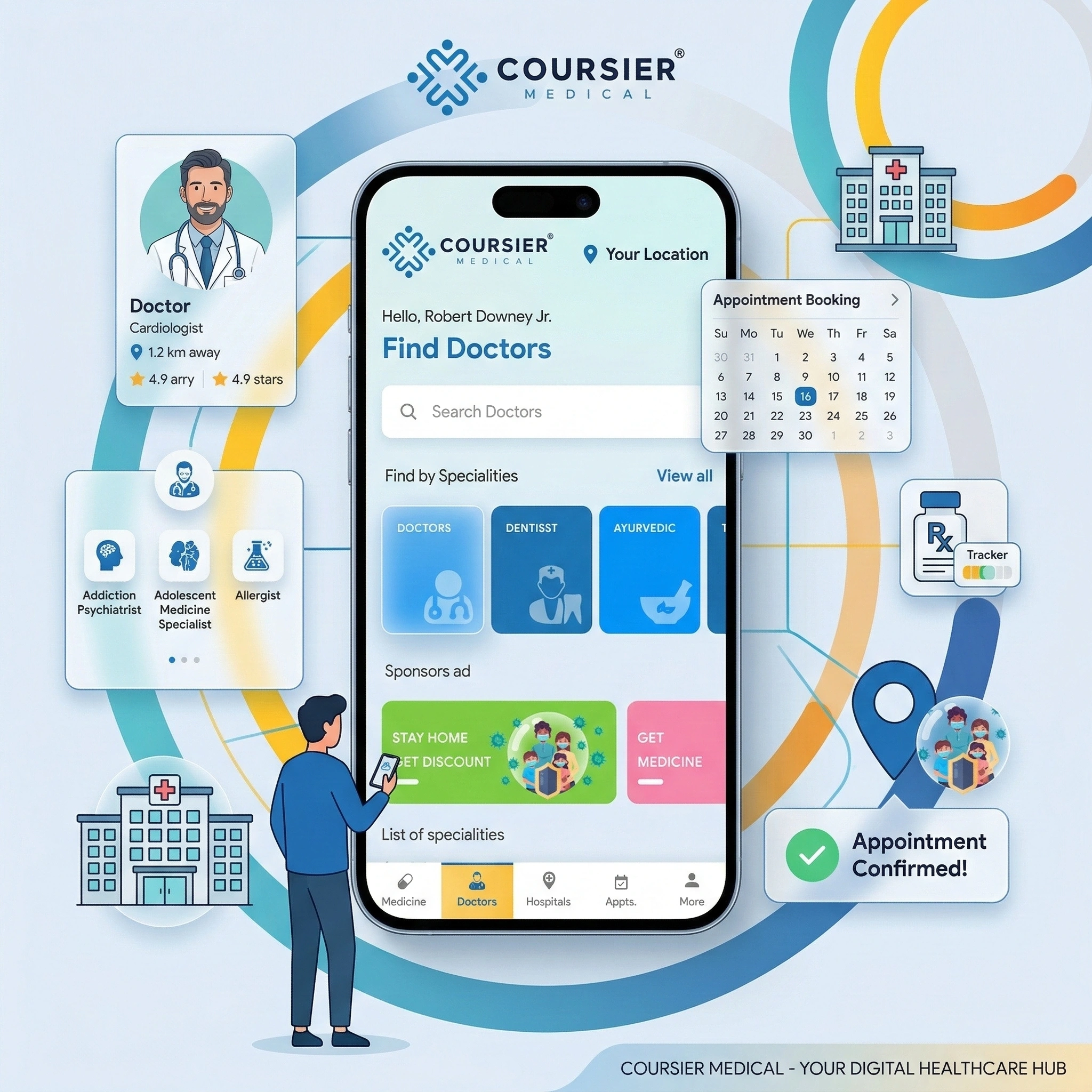 Coursier Médical – abstract healthcare platform illustration for doctor appointments and pharmacy services